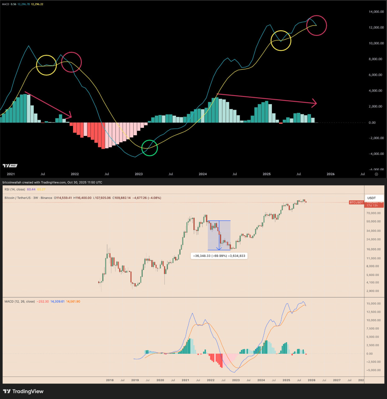 Такое же пересечение наблюдалось перед падением рынка на 69% в 2021–2022 годах.