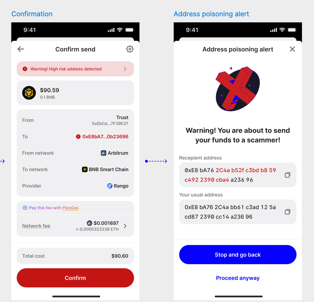 Предупреждение Trust Wallet о возможной атаке address poisoning