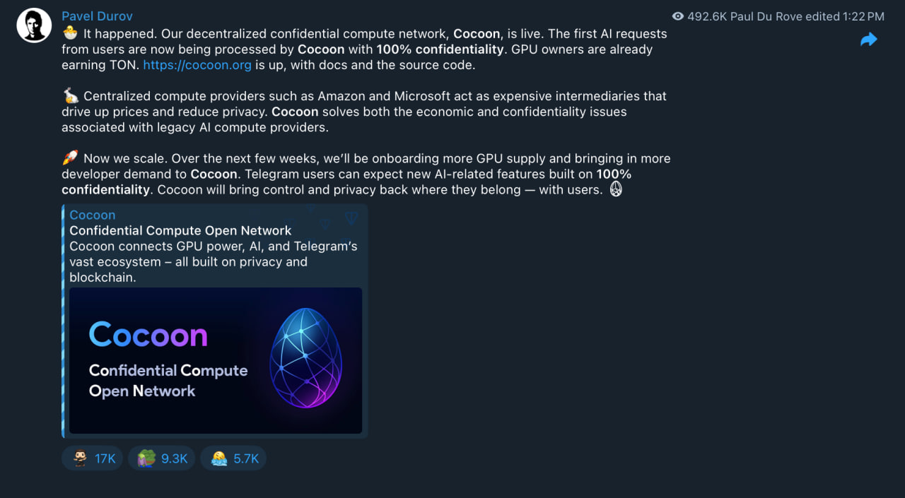 Павел Дуров подтвердил, что сеть уже обрабатывает запросы. По его словам, пользователи, подключившие свои GPU, начали получать первые выплаты.